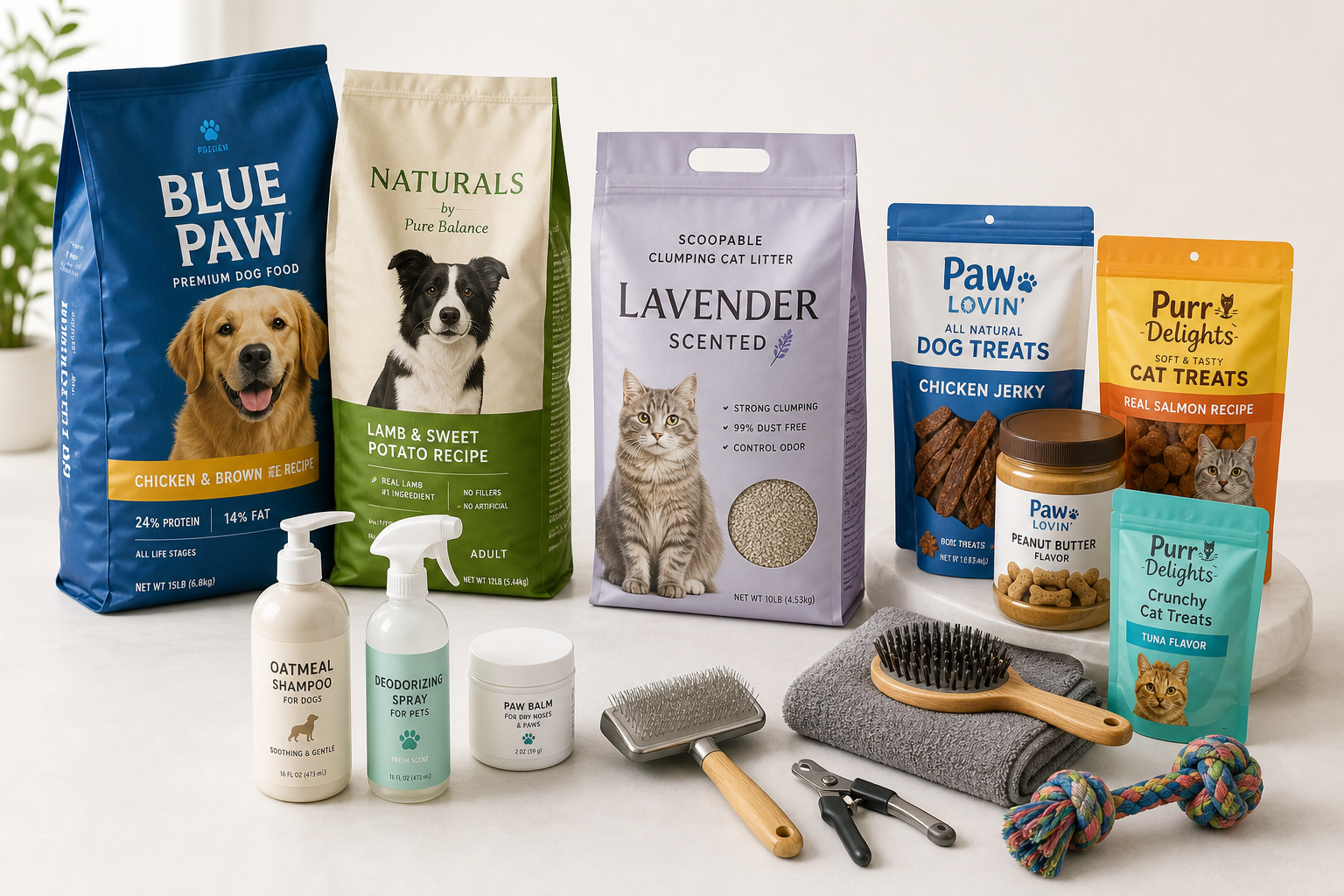 Assorted pet product categories including food, litter, and accessories